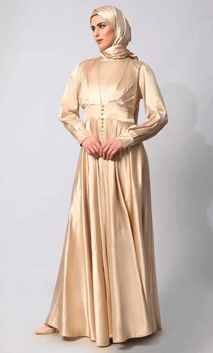 Contemporary Couture: Golden Satin Flared Abaya with front Pleating and show Buttons