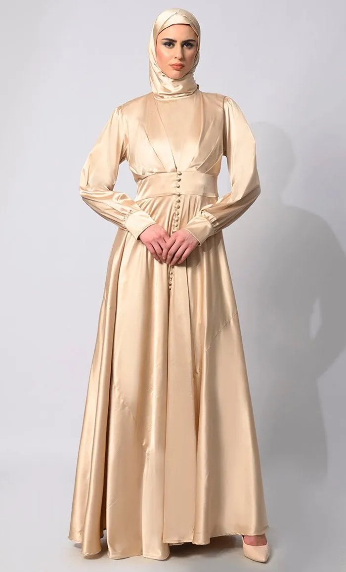 Contemporary Couture: Golden Satin Flared Abaya with front Pleating and show Buttons