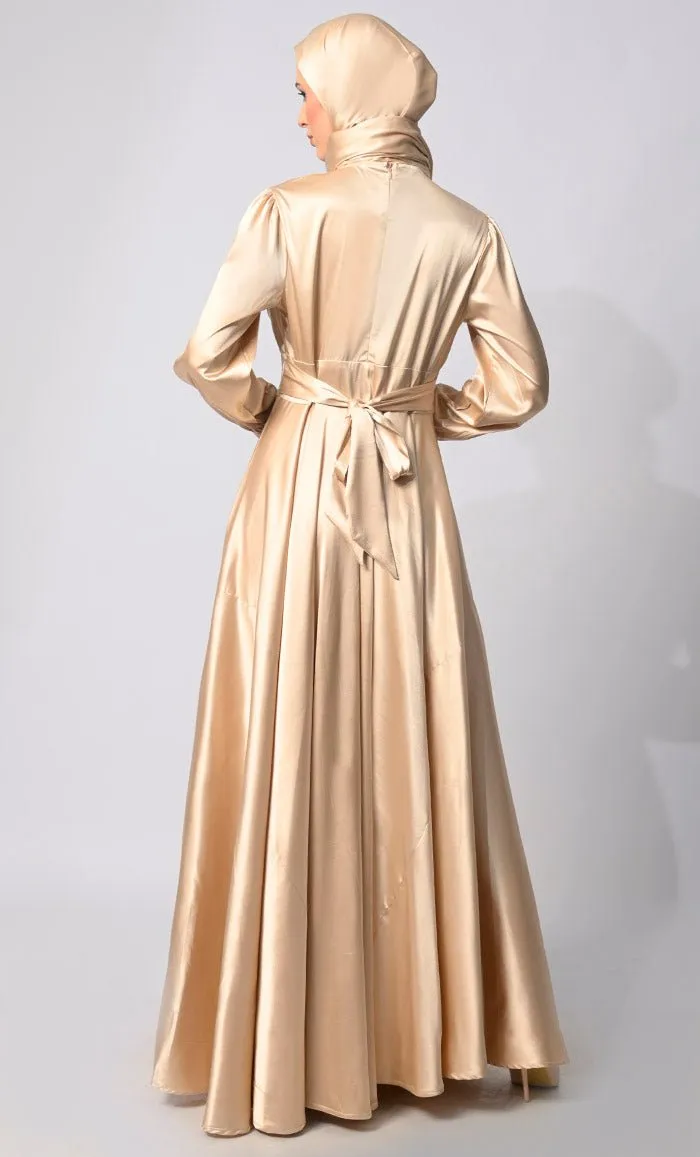 Contemporary Couture: Golden Satin Flared Abaya with front Pleating and show Buttons