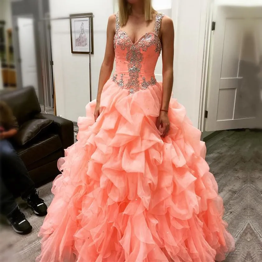 coral organza ruffles beaded sweetheart quinceanera dresses ball gowns