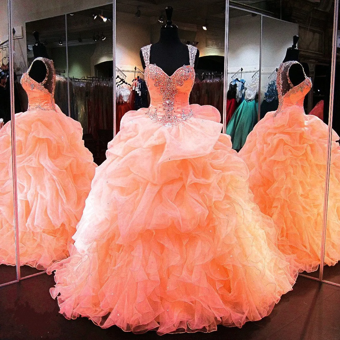 coral organza ruffles beaded sweetheart quinceanera dresses ball gowns