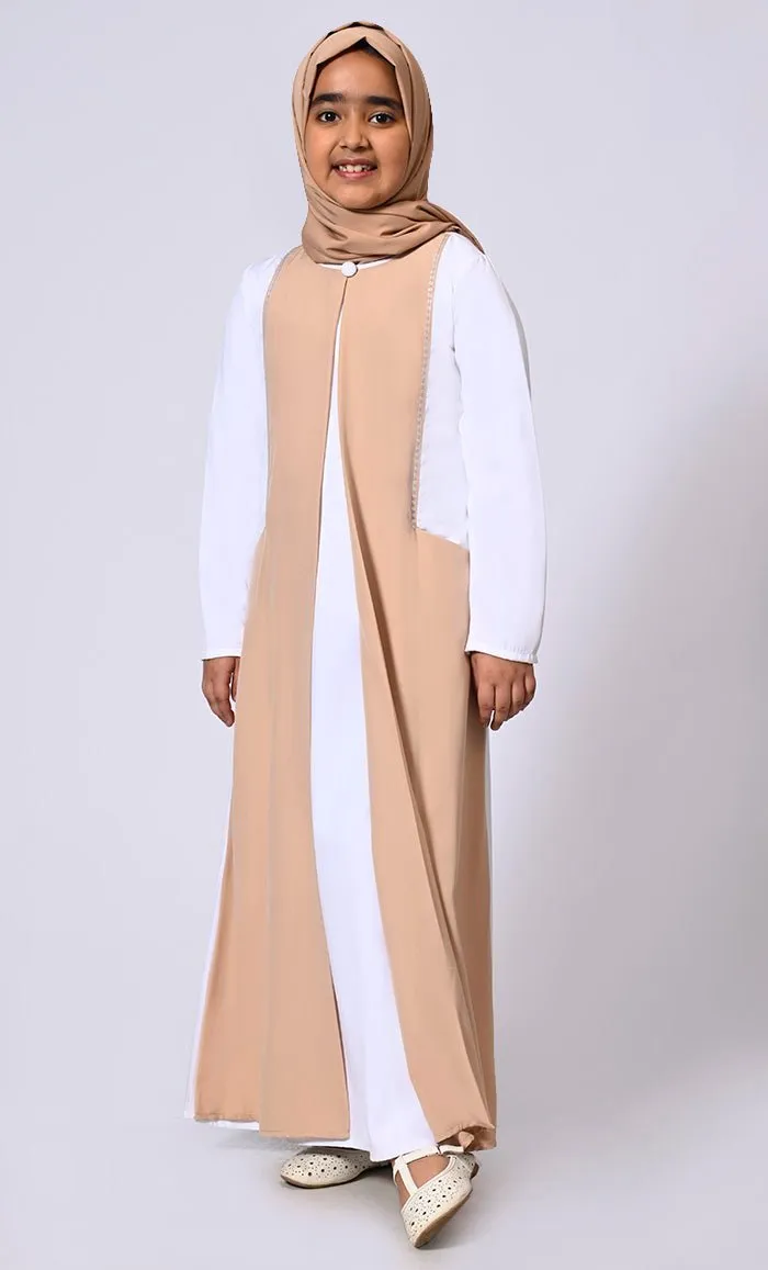 Double Layered Girl's Sand Abaya with Sequined Yoke and Front Pockets