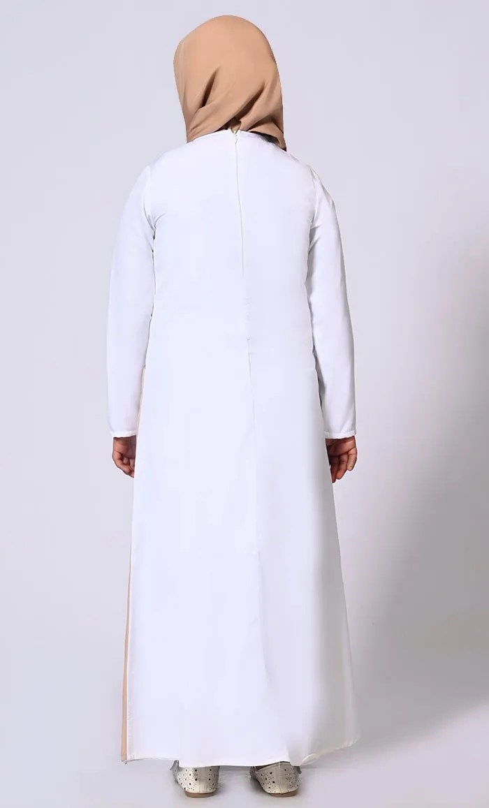 Double Layered Girl's Sand Abaya with Sequined Yoke and Front Pockets