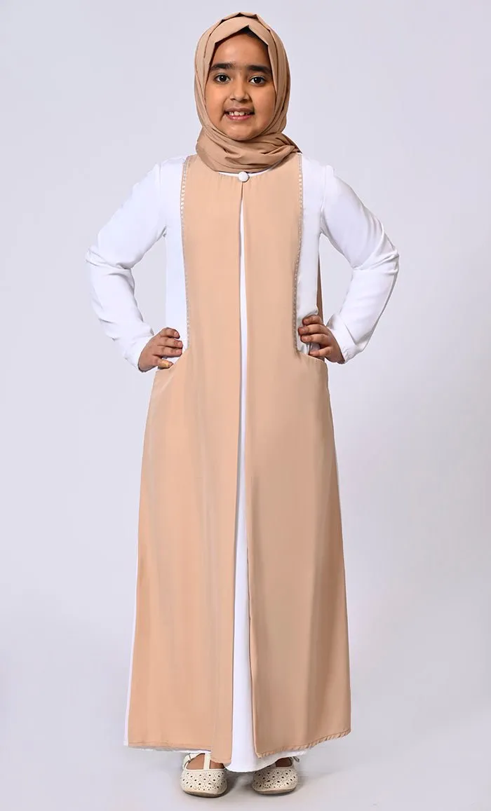 Double Layered Girl's Sand Abaya with Sequined Yoke and Front Pockets