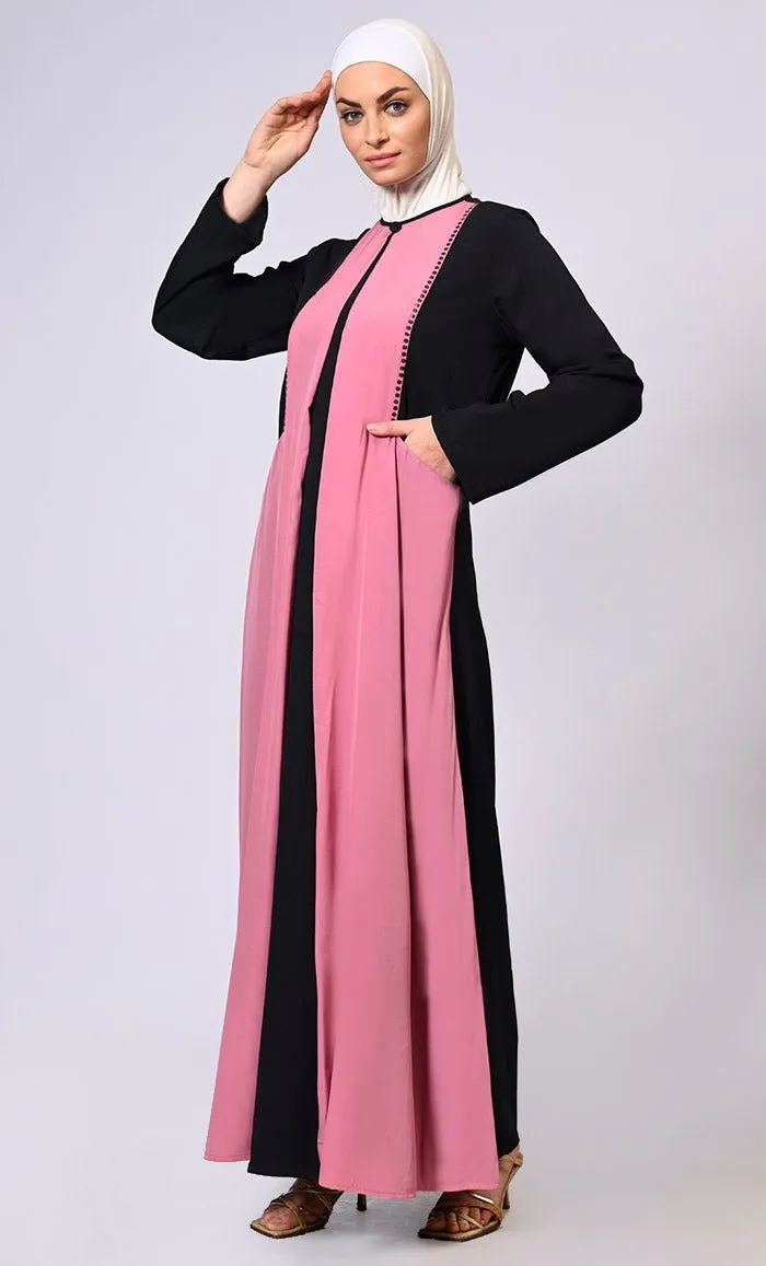 Double Layered Pink Abaya with Sequined Yoke and Front Pockets - Final Sale