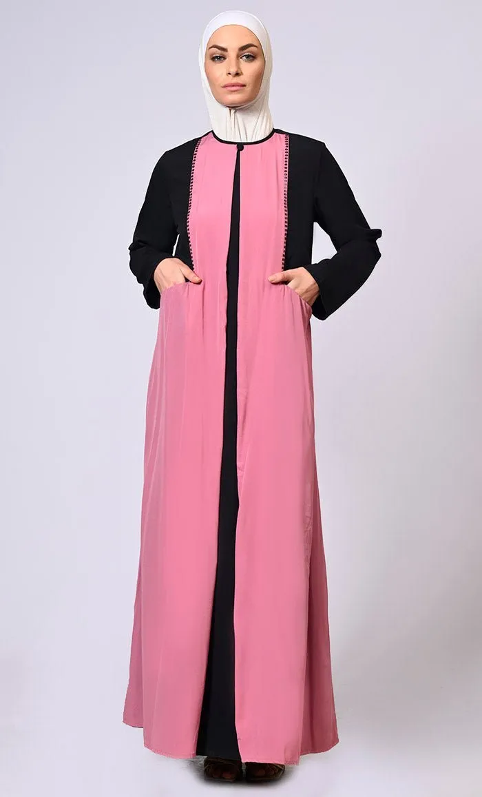 Double Layered Pink Abaya with Sequined Yoke and Front Pockets - Final Sale