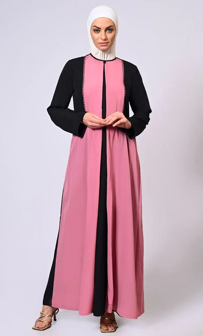 Double Layered Pink Abaya with Sequined Yoke and Front Pockets - Final Sale