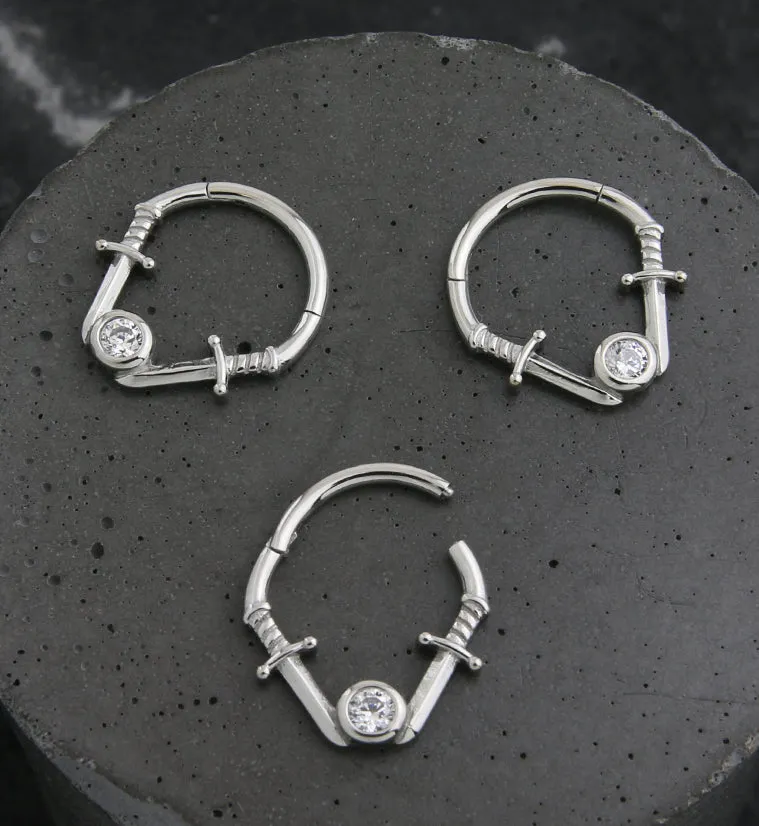 Dual Dagger Clear CZ Stainless Steel Hinged Segment Ring