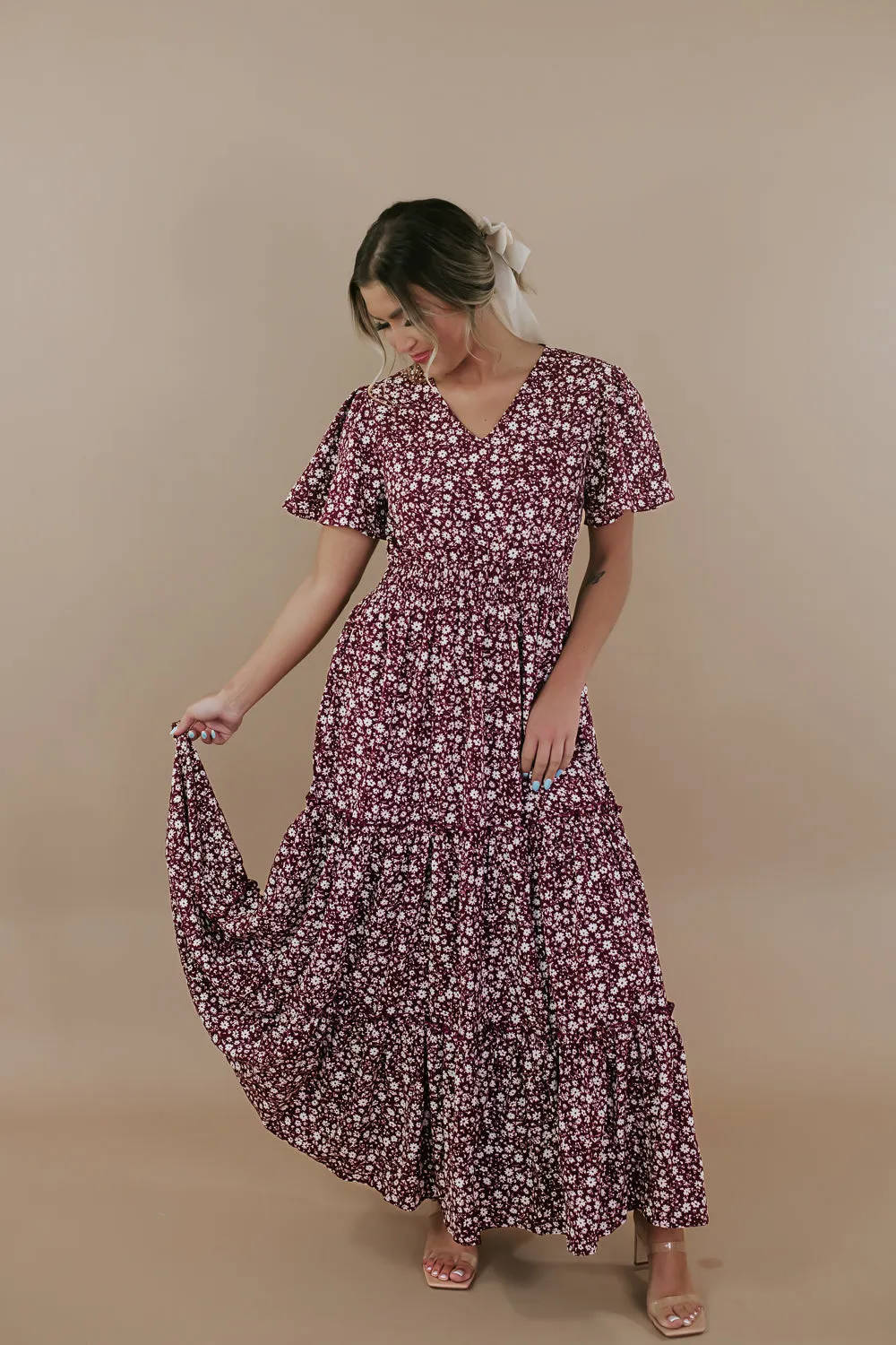 ECB Exclusive: Many Moments Floral Maxi Dress, Wine