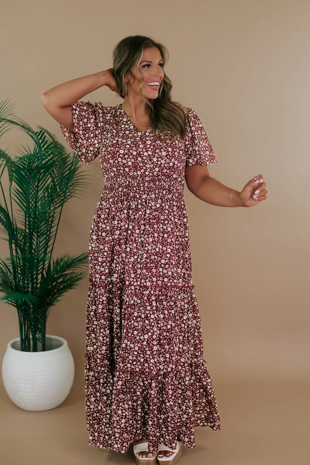 ECB Exclusive: Many Moments Floral Maxi Dress, Wine