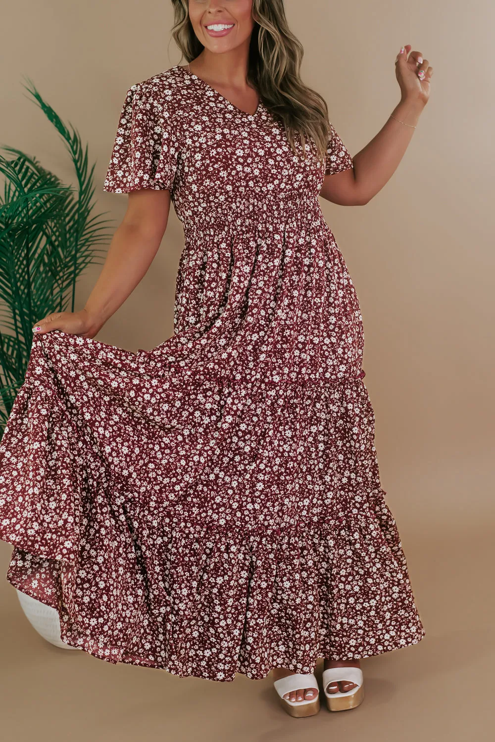 ECB Exclusive: Many Moments Floral Maxi Dress, Wine