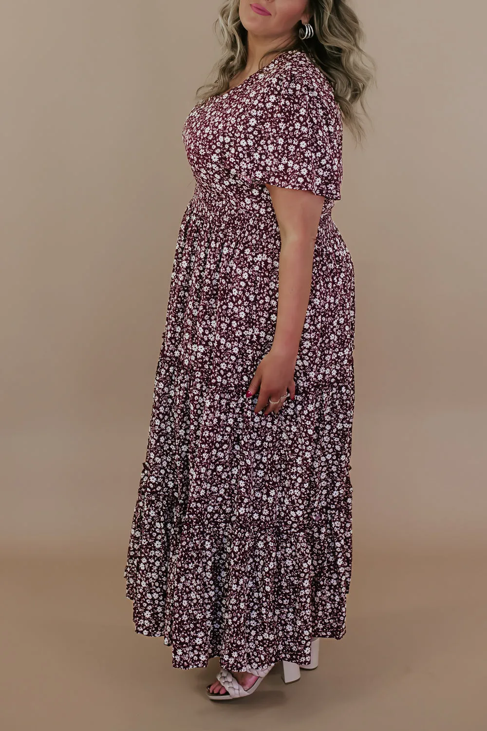 ECB Exclusive: Many Moments Floral Maxi Dress, Wine