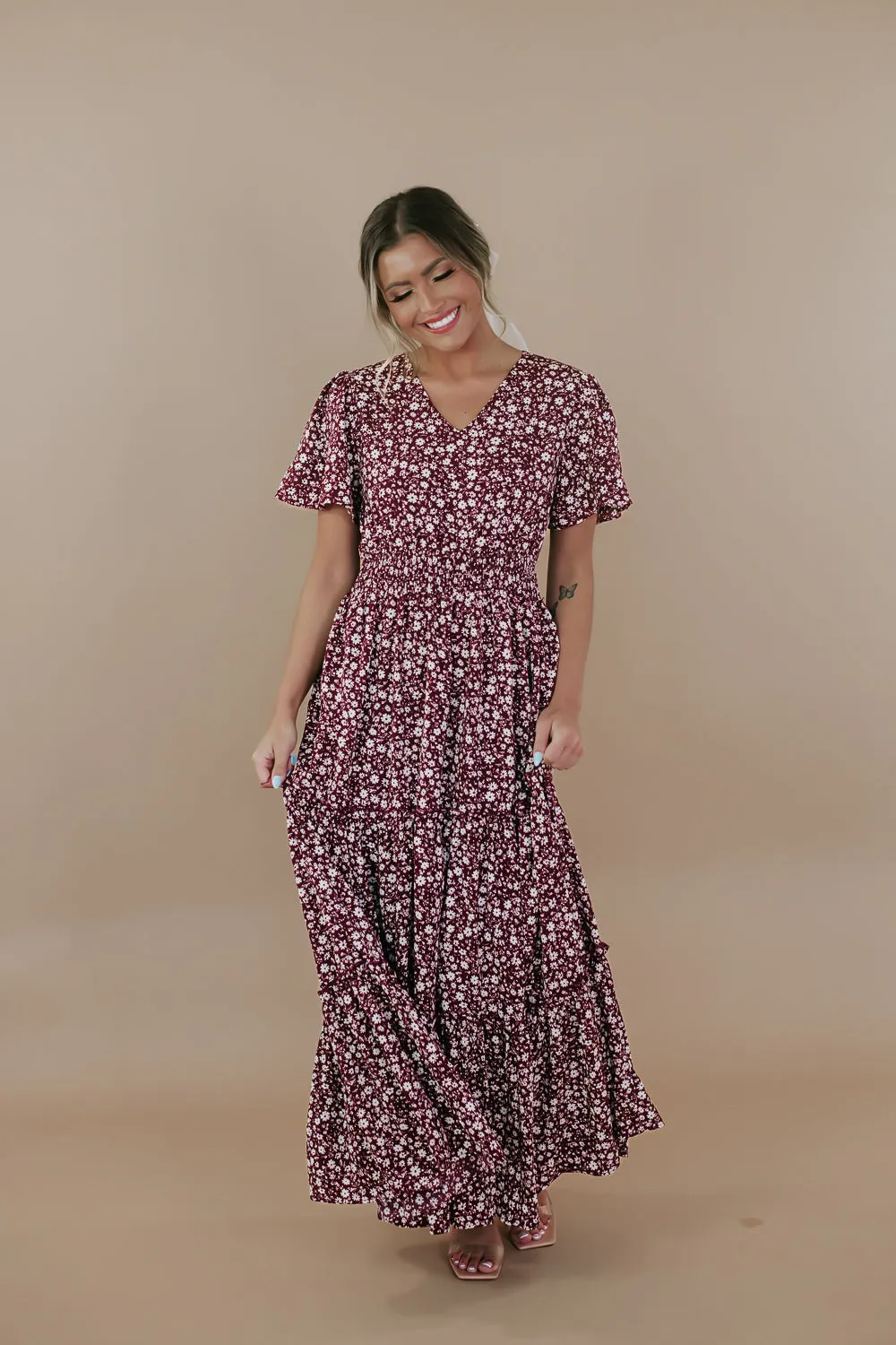 ECB Exclusive: Many Moments Floral Maxi Dress, Wine