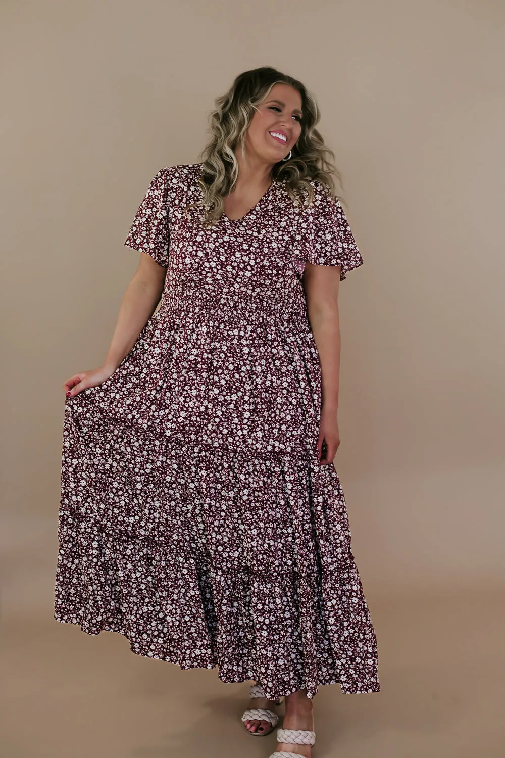 ECB Exclusive: Many Moments Floral Maxi Dress, Wine