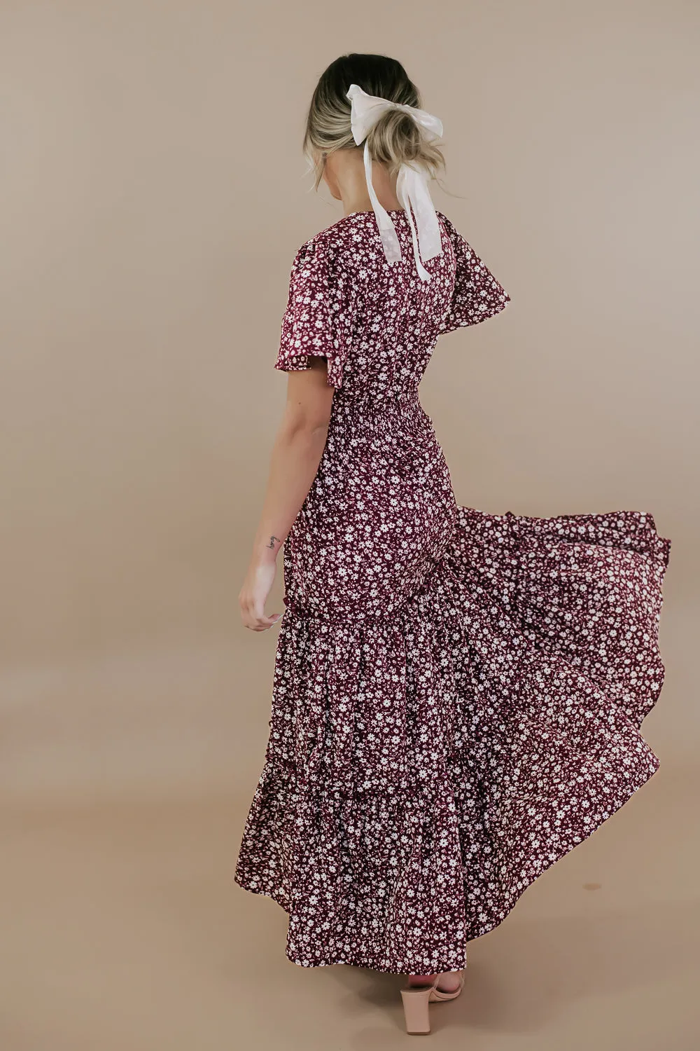 ECB Exclusive: Many Moments Floral Maxi Dress, Wine