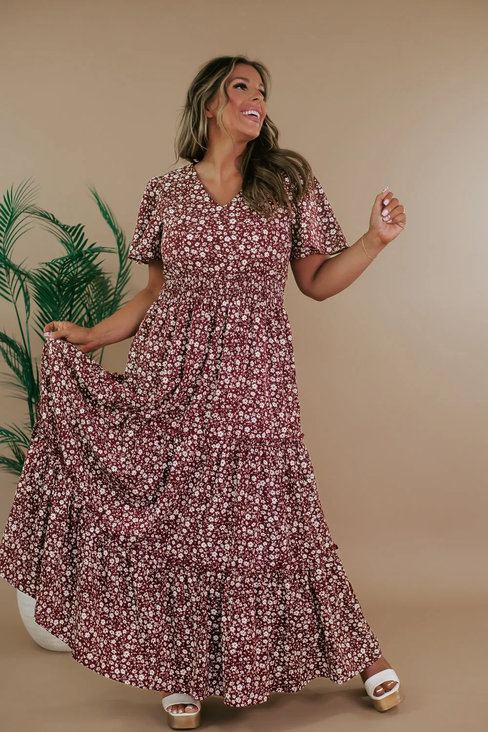 ECB Exclusive: Many Moments Floral Maxi Dress, Wine