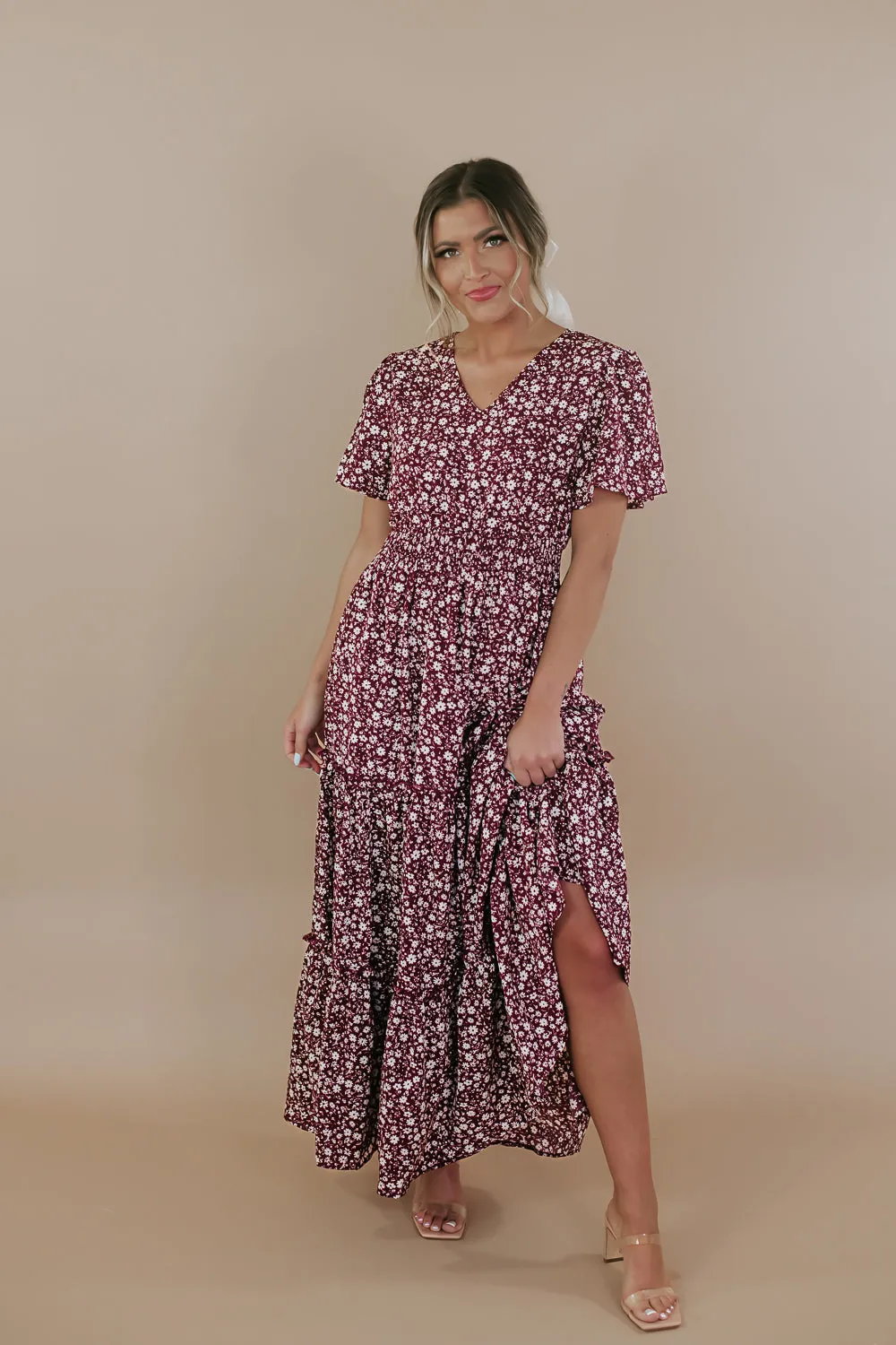 ECB Exclusive: Many Moments Floral Maxi Dress, Wine