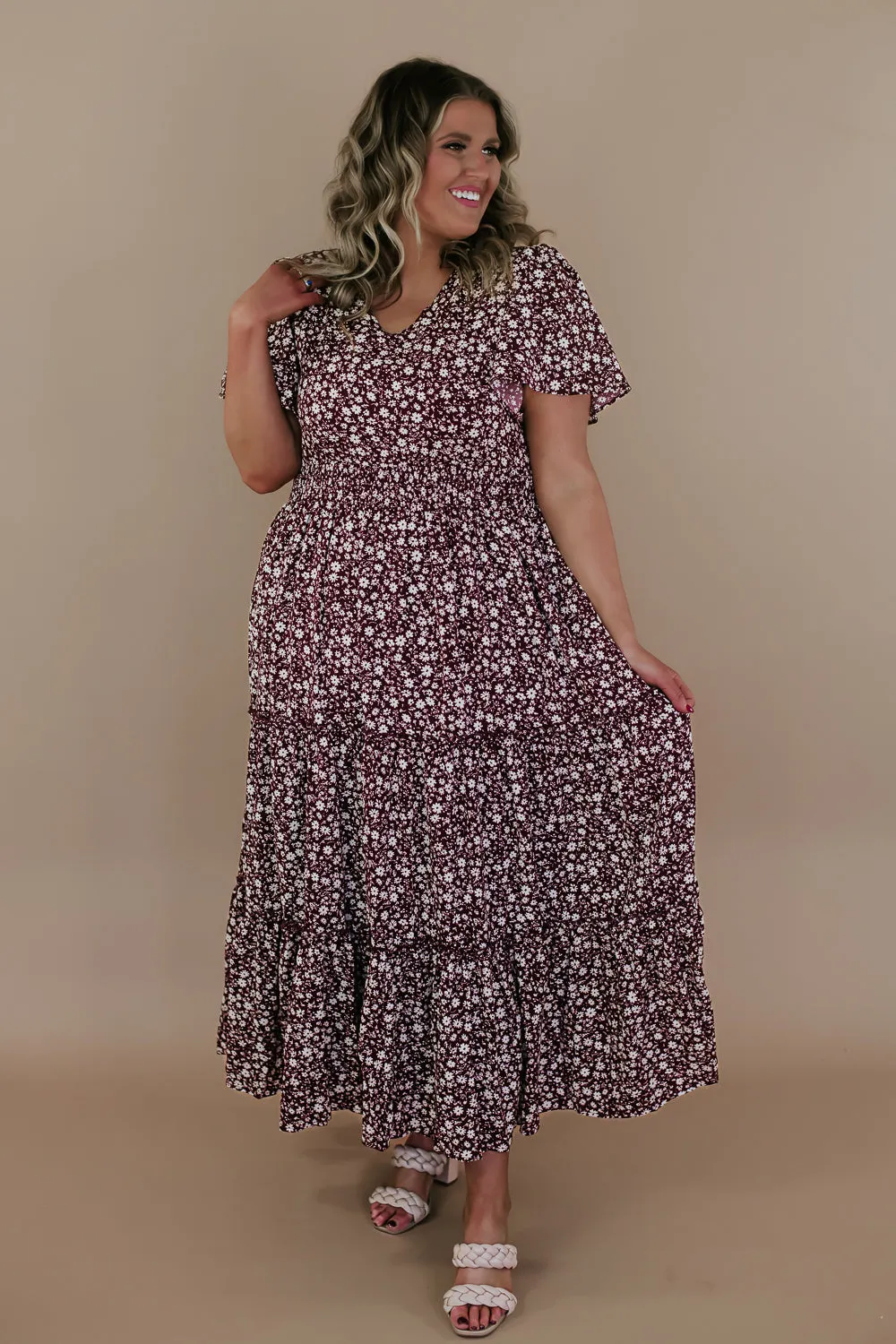 ECB Exclusive: Many Moments Floral Maxi Dress, Wine