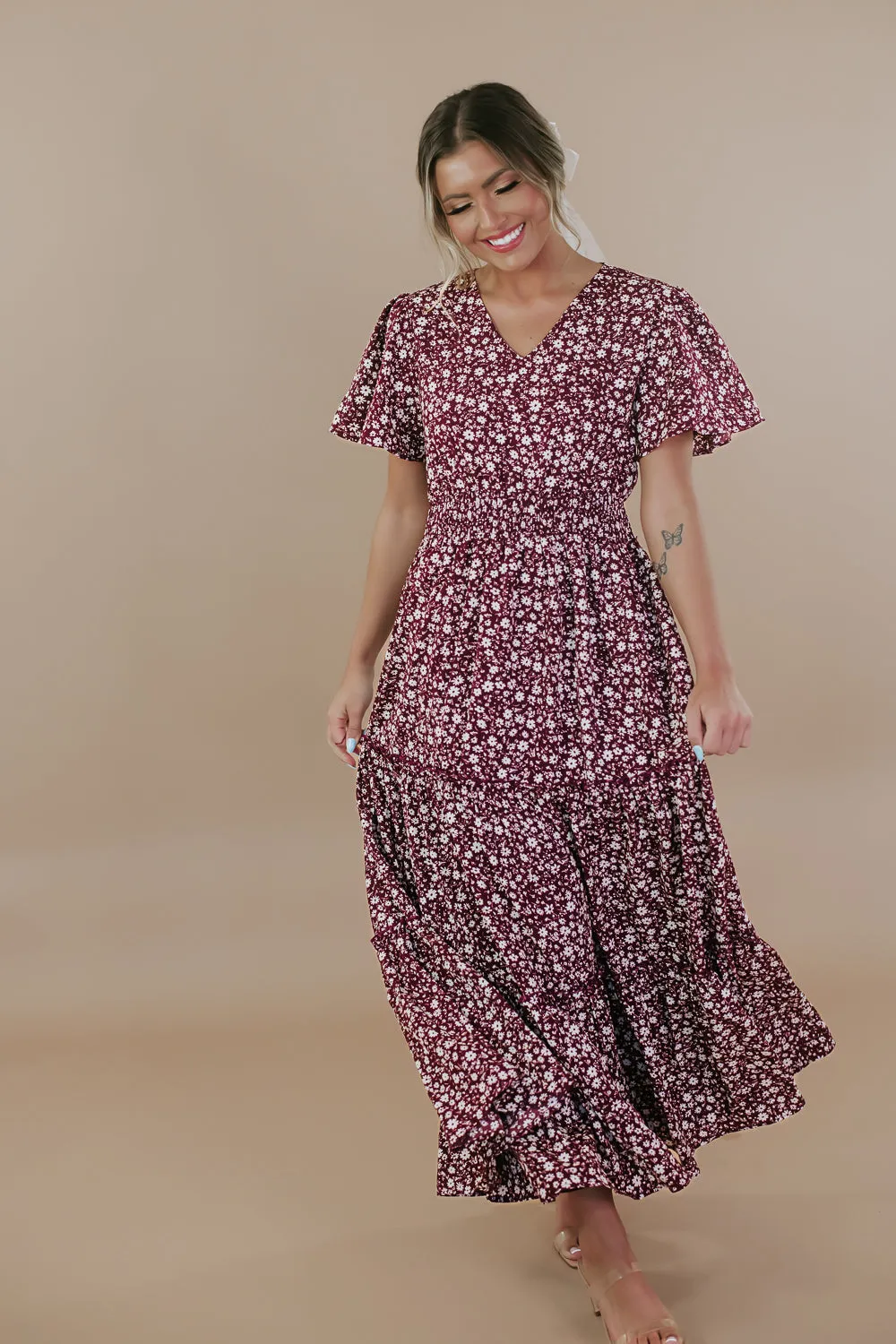 ECB Exclusive: Many Moments Floral Maxi Dress, Wine