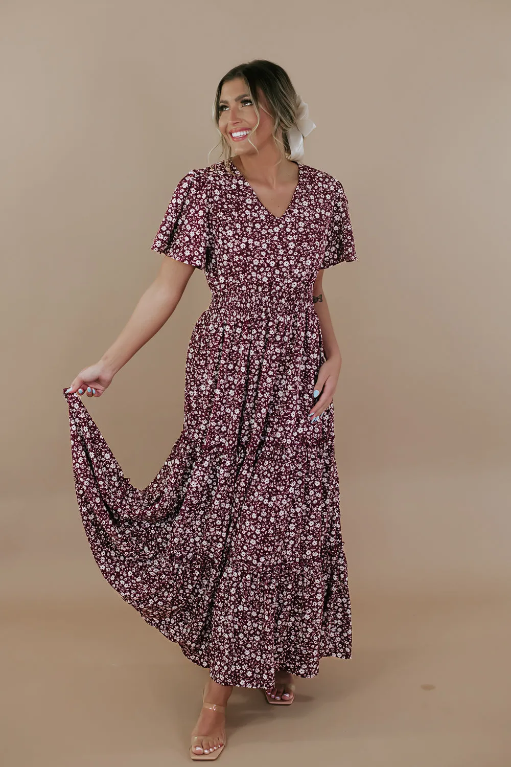 ECB Exclusive: Many Moments Floral Maxi Dress, Wine