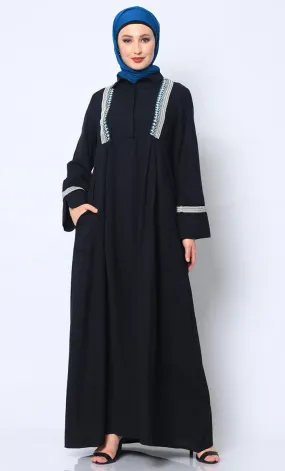 Etheral Embroidered Black Rayon Abaya with Pockets