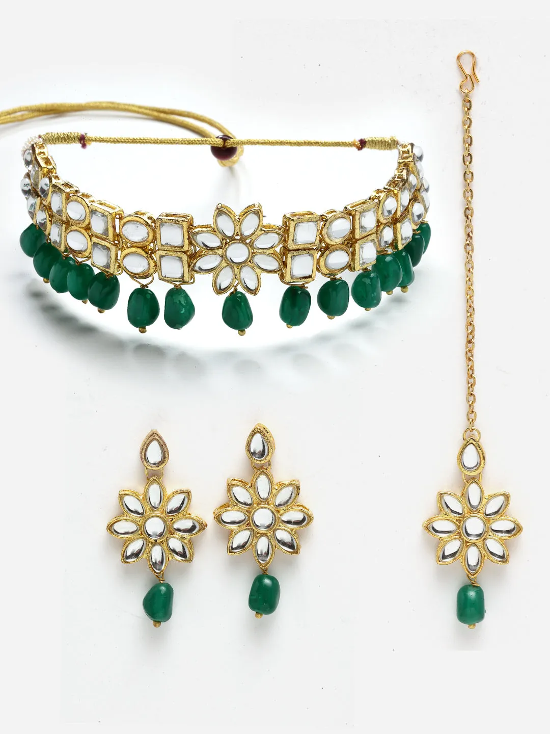 Floral Design Green Stone and Kundan Studded Choker Necklace Set