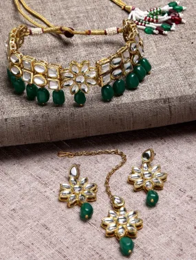 Floral Design Green Stone and Kundan Studded Choker Necklace Set