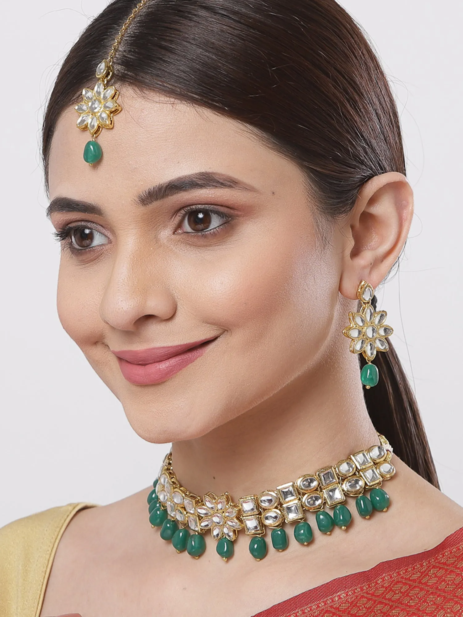 Floral Design Green Stone and Kundan Studded Choker Necklace Set