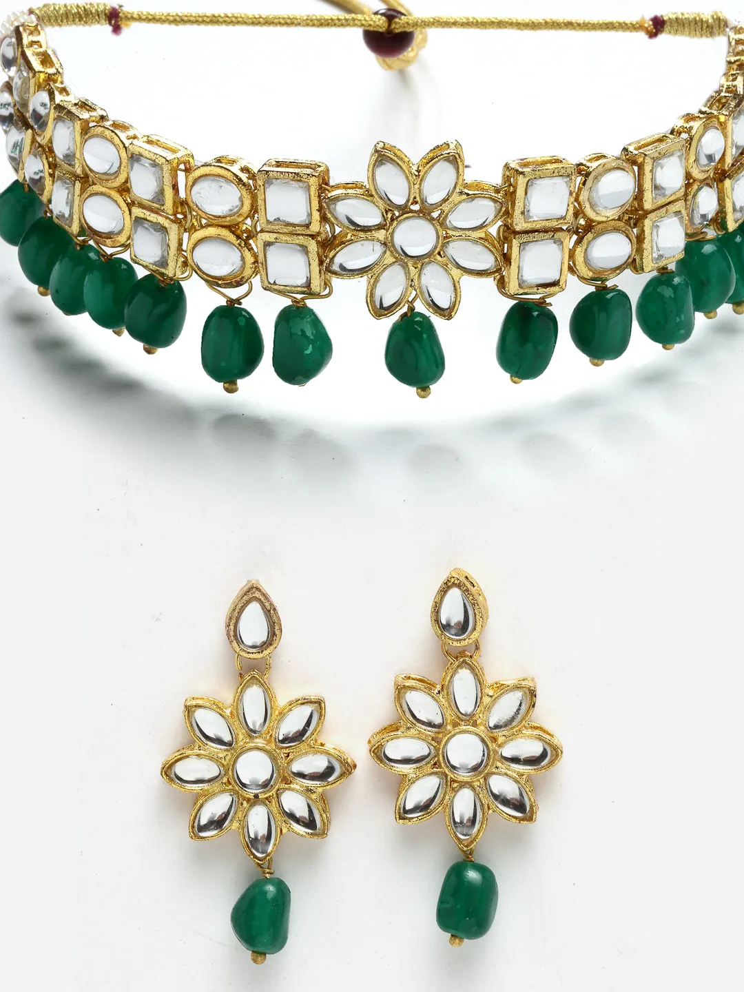 Floral Design Green Stone and Kundan Studded Choker Necklace Set