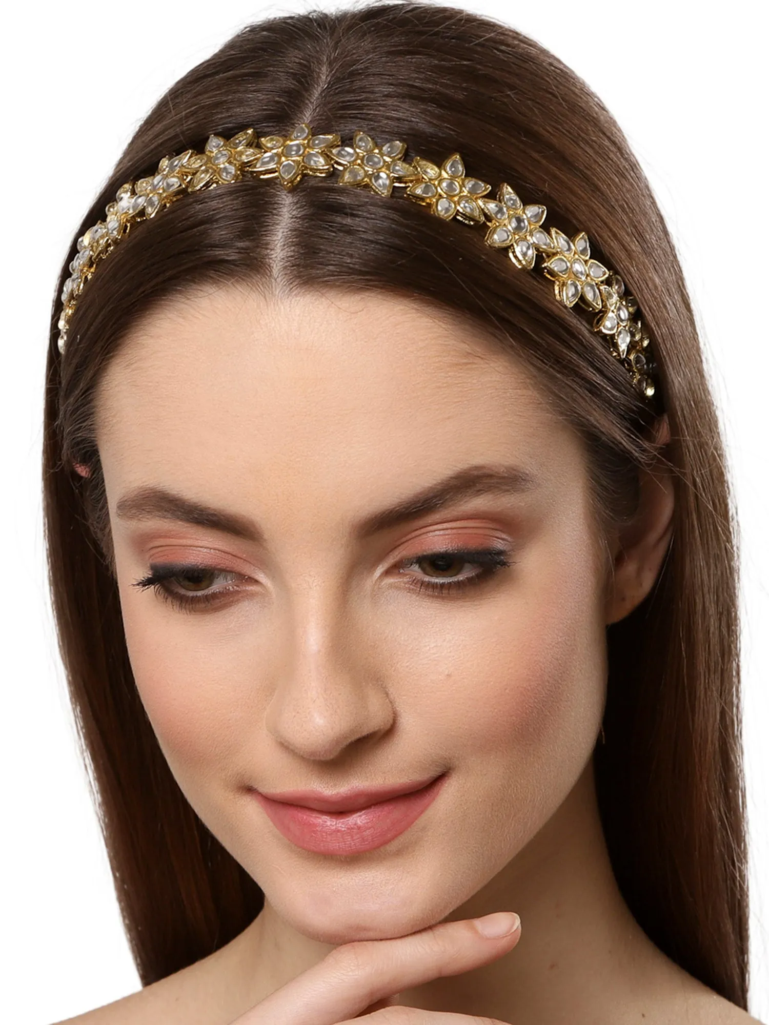 Flower Shape Gold Plated Kundan Studded Hairband