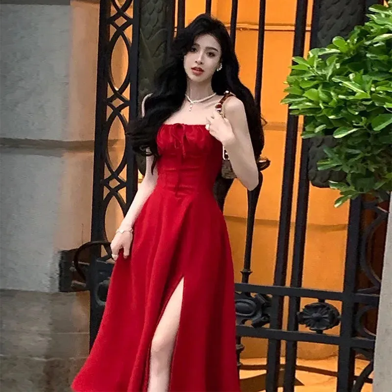 Getadme French Elegant White Strap Midi Dress Summer New Casual Evening Party Dress Women Beach Sleeveless Lace-up Red Dress Korean