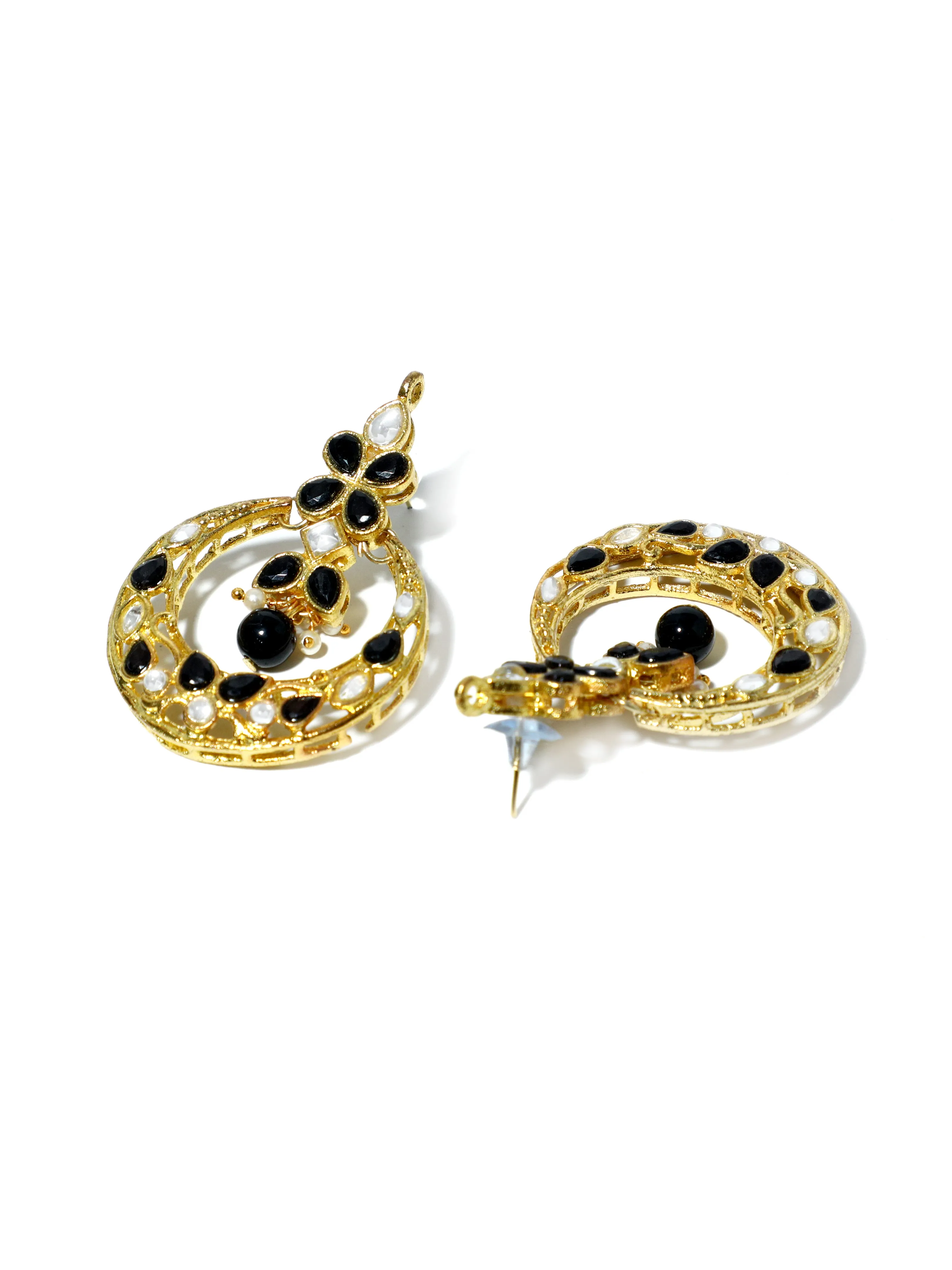 Gold Plated Black Kundan Chnadbali Earrings