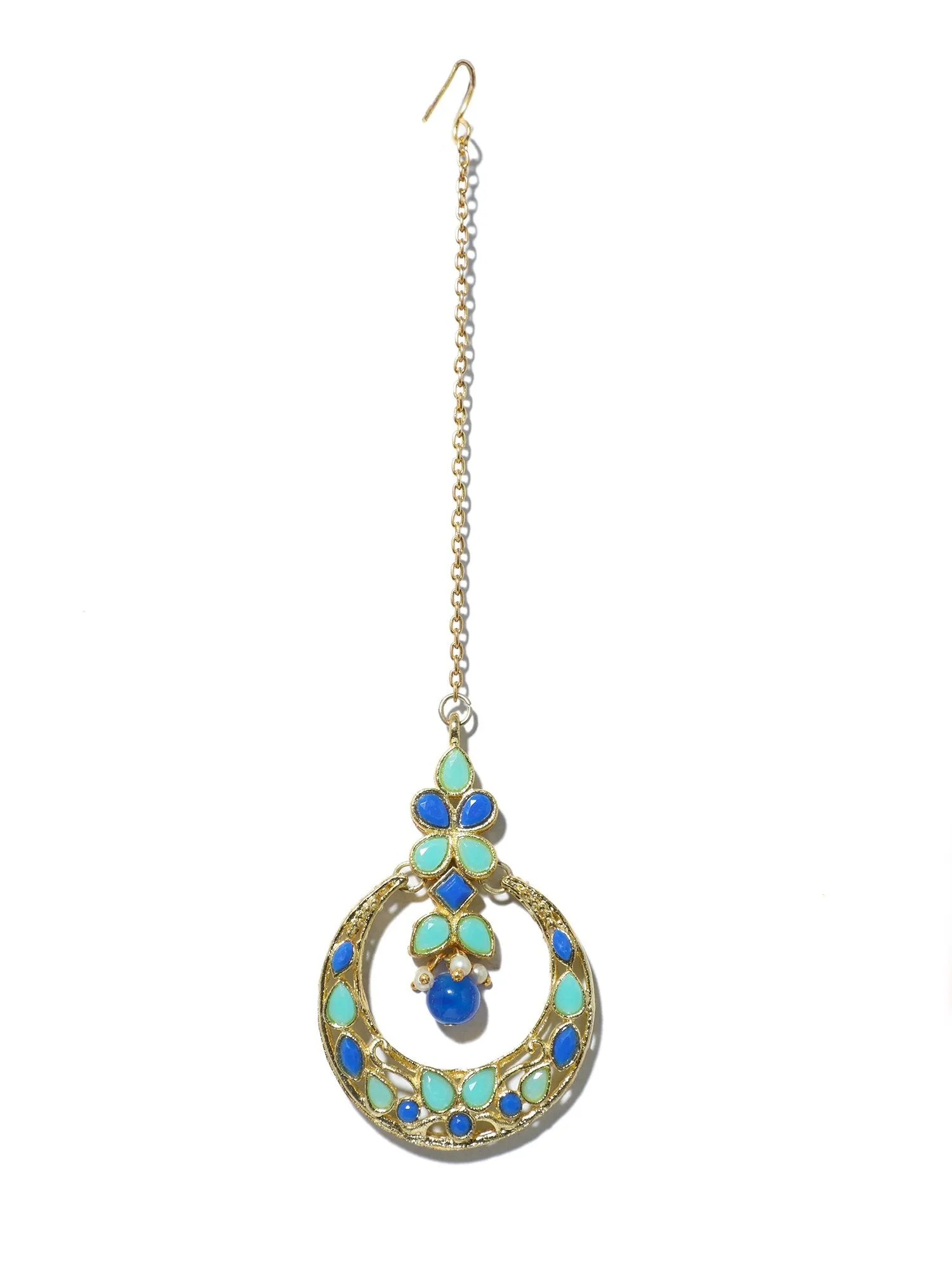 Gold Plated Blue and Mint Green Kundan Maangtikka