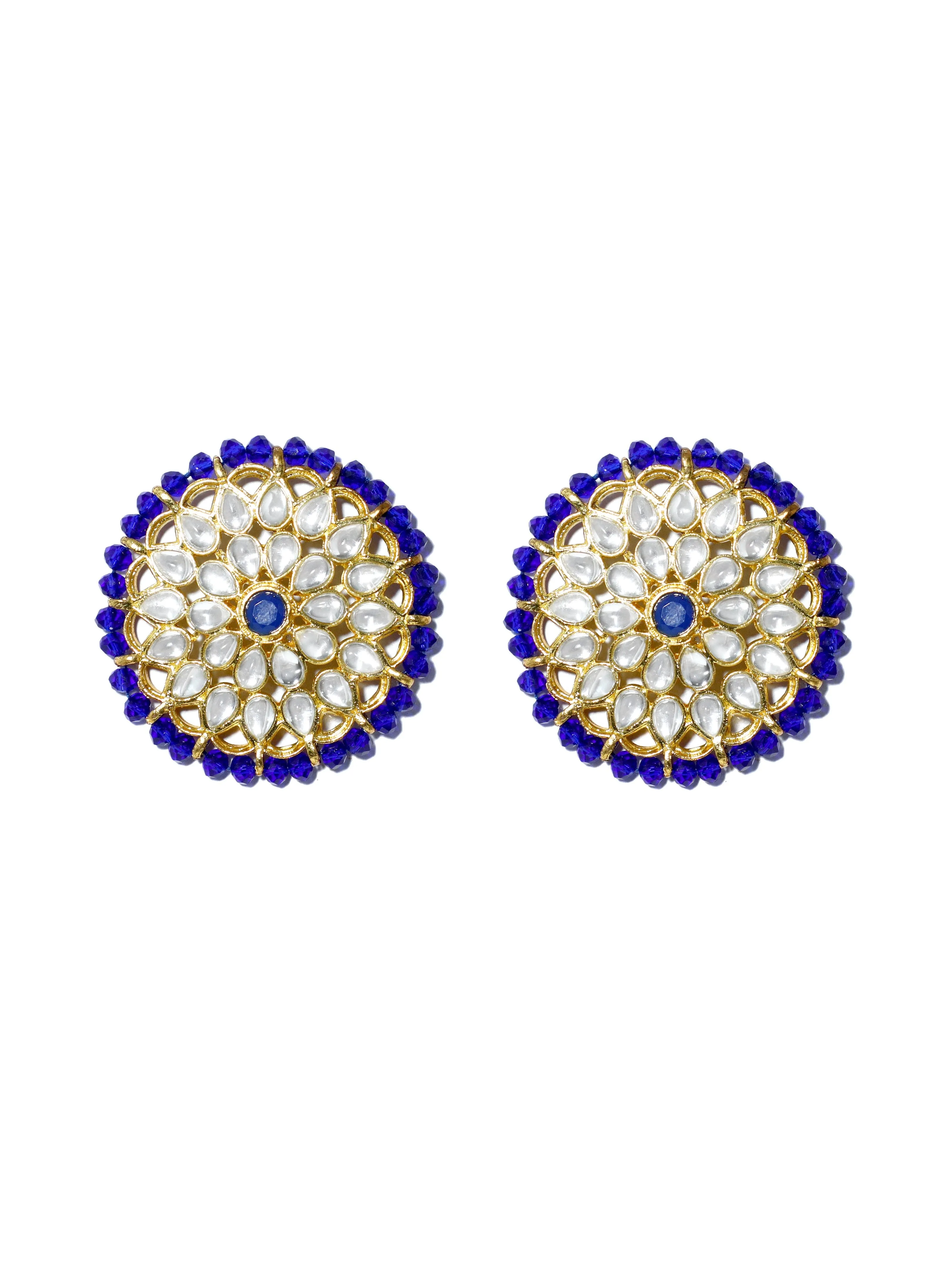 Gold Plated Blue Beads Kundan Stud Earrings