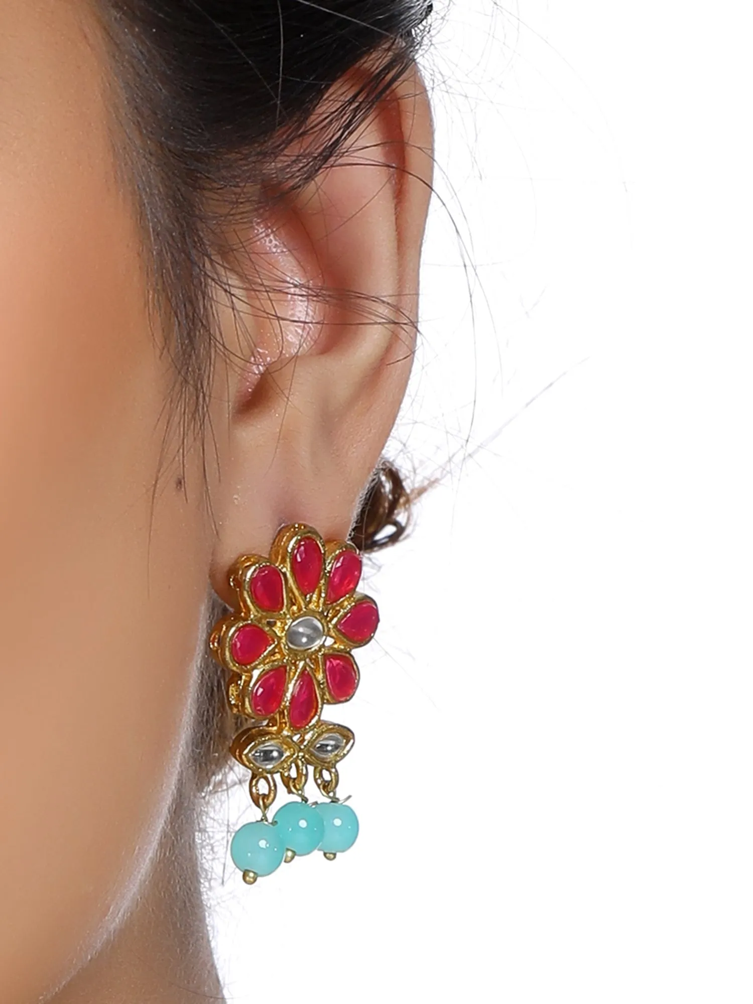 Gold Plated Blue Beads Red Kundan Dangler Earrings for Women