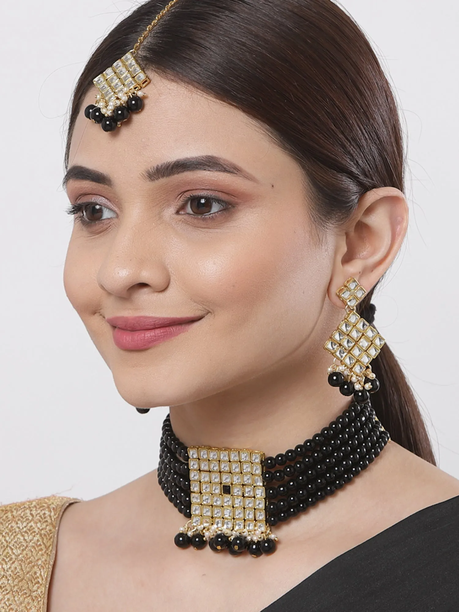 Gold-Plated Embellished Kundan and Black Beads Handcrafted Choker Necklace Set