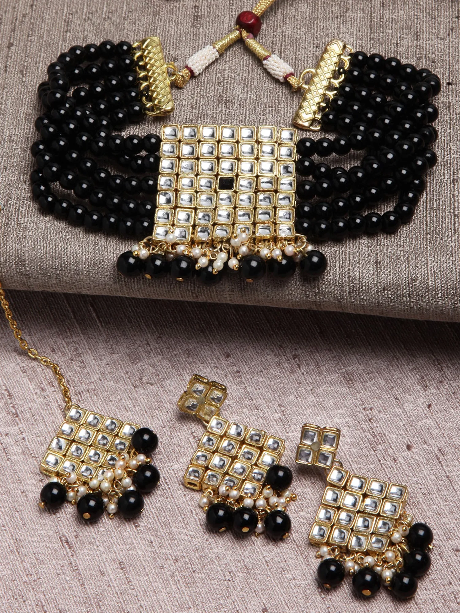 Gold-Plated Embellished Kundan and Black Beads Handcrafted Choker Necklace Set