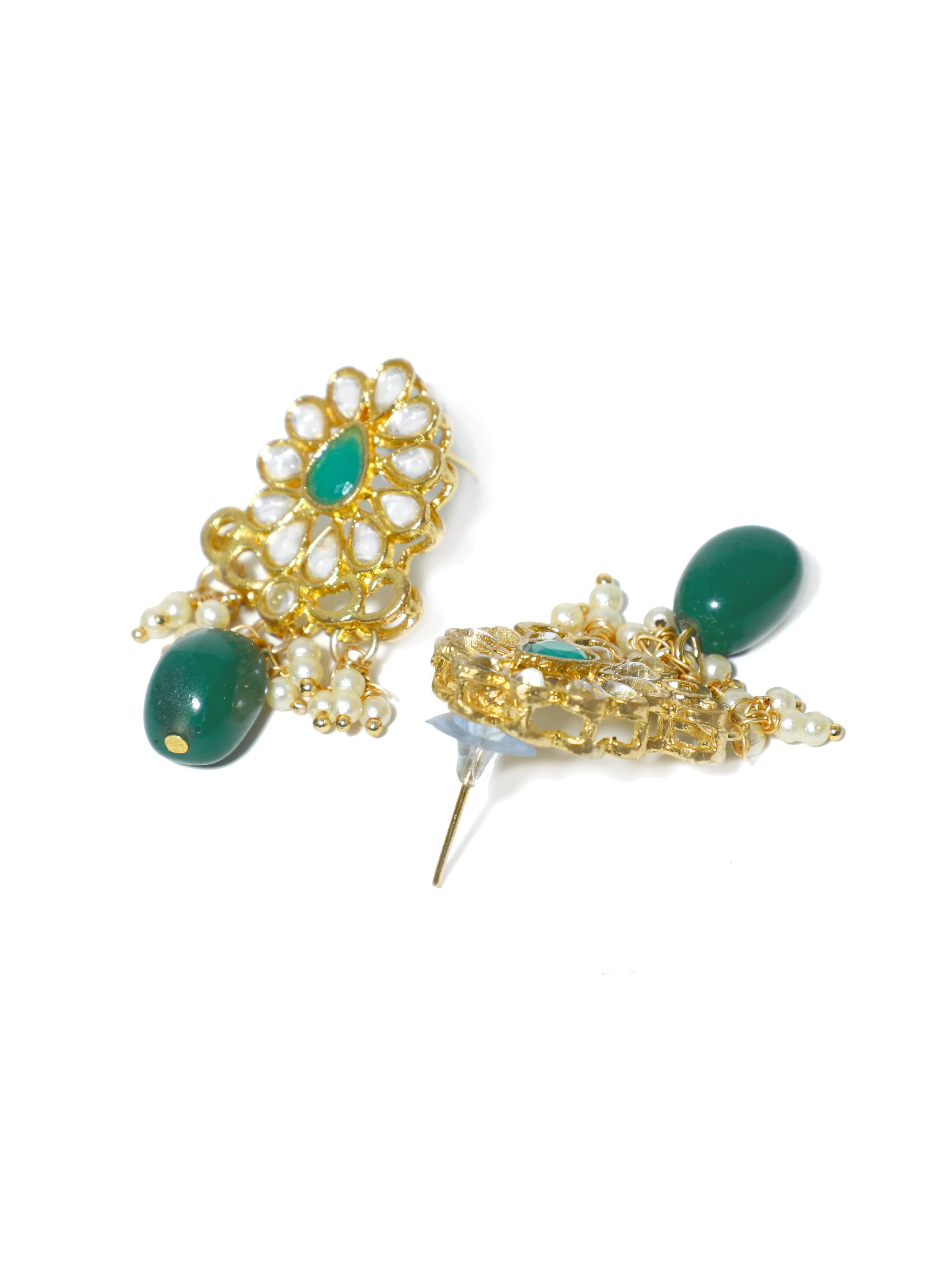 Gold Plated Green Bead Kundan Dangler Earrings