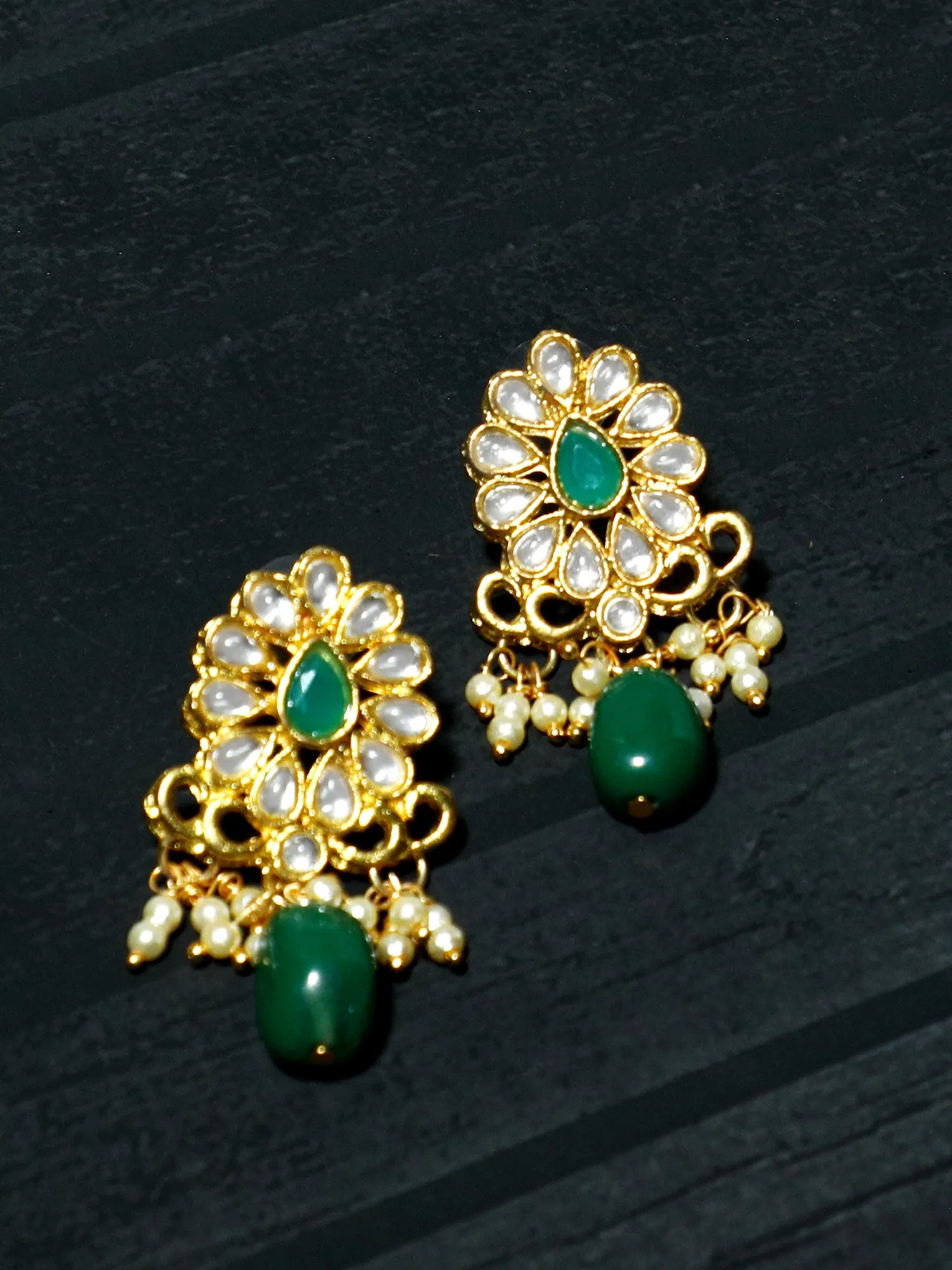 Gold Plated Green Bead Kundan Dangler Earrings