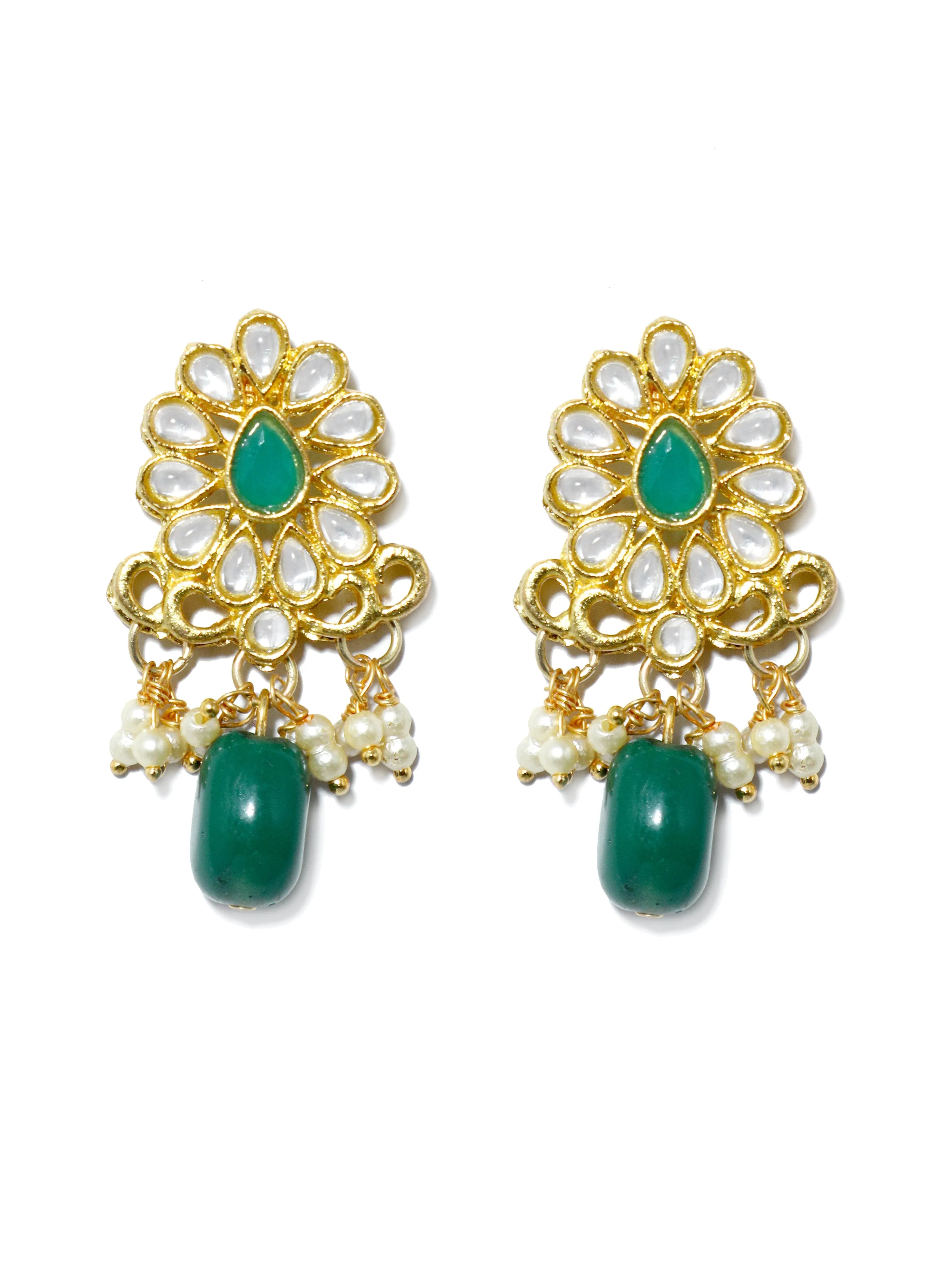 Gold Plated Green Bead Kundan Dangler Earrings