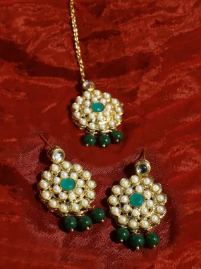 Gold Plated Green Beads Kundan Dangler Earrings with Maangtikka for Women