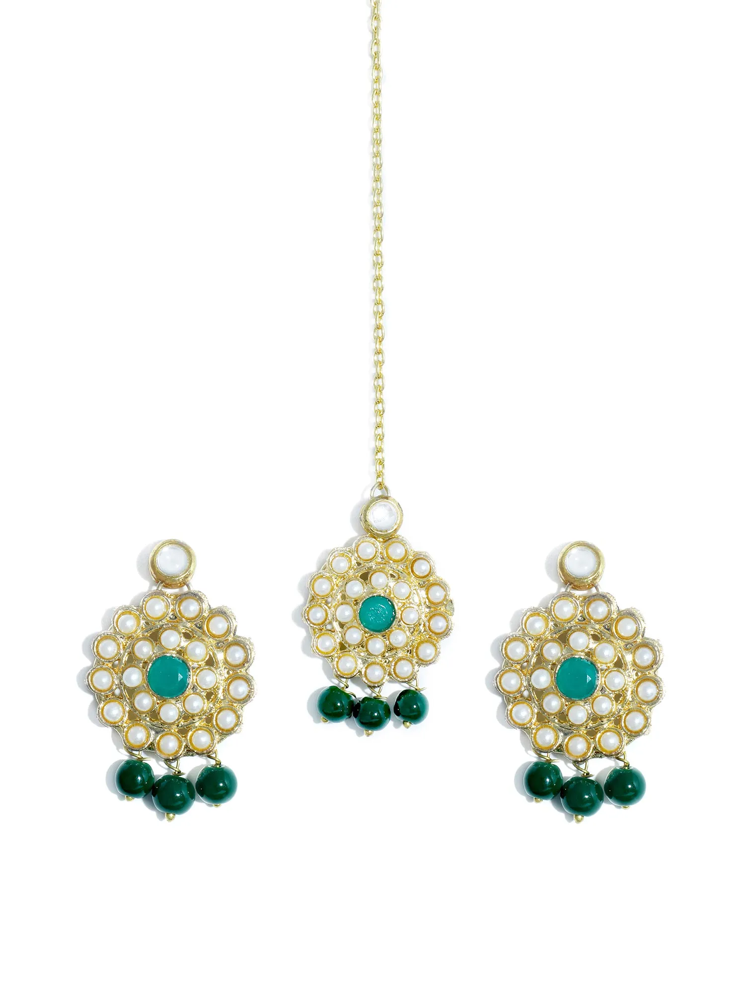 Gold Plated Green Beads Kundan Dangler Earrings with Maangtikka for Women