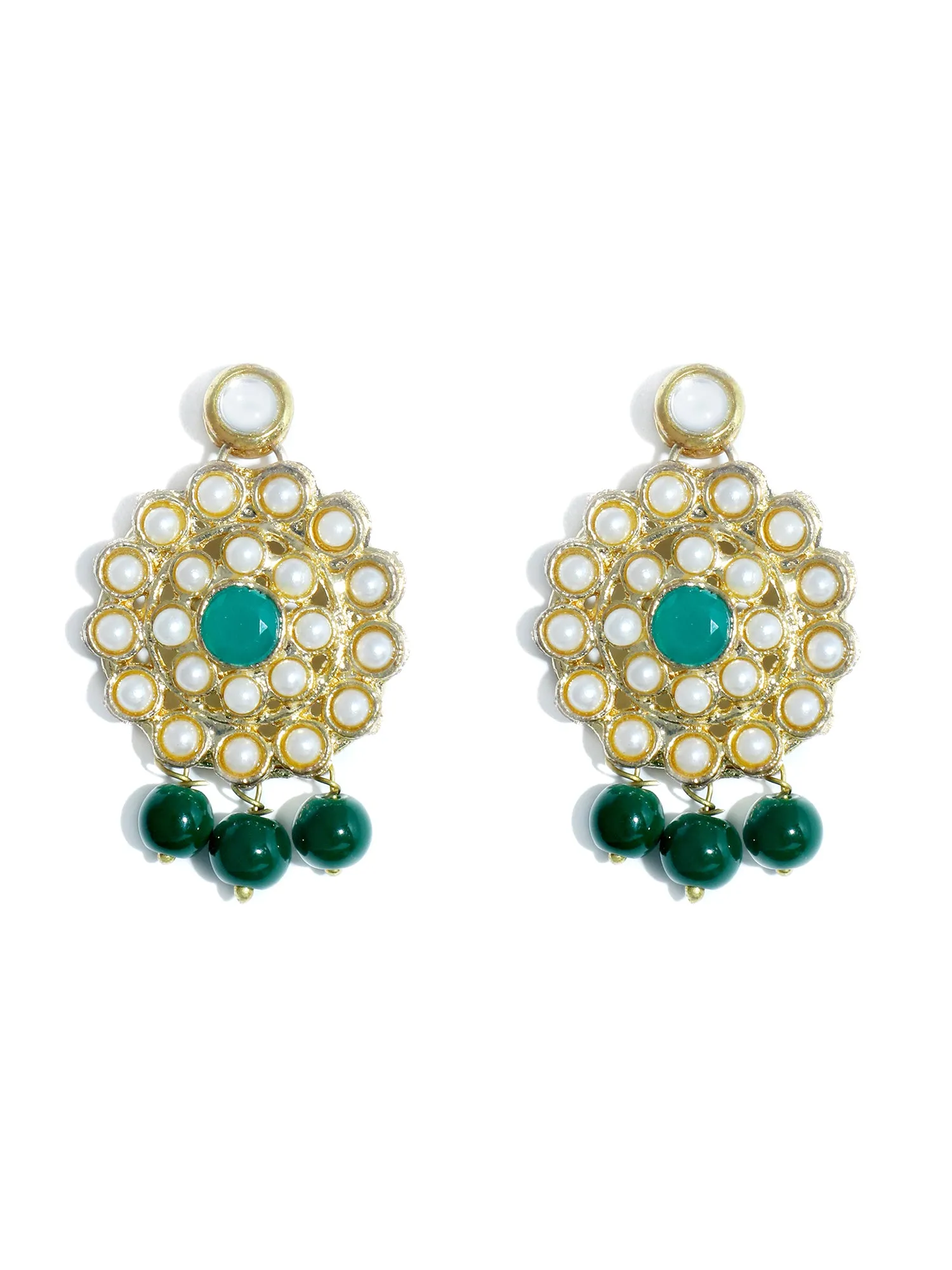 Gold Plated Green Beads Kundan Dangler Earrings with Maangtikka for Women