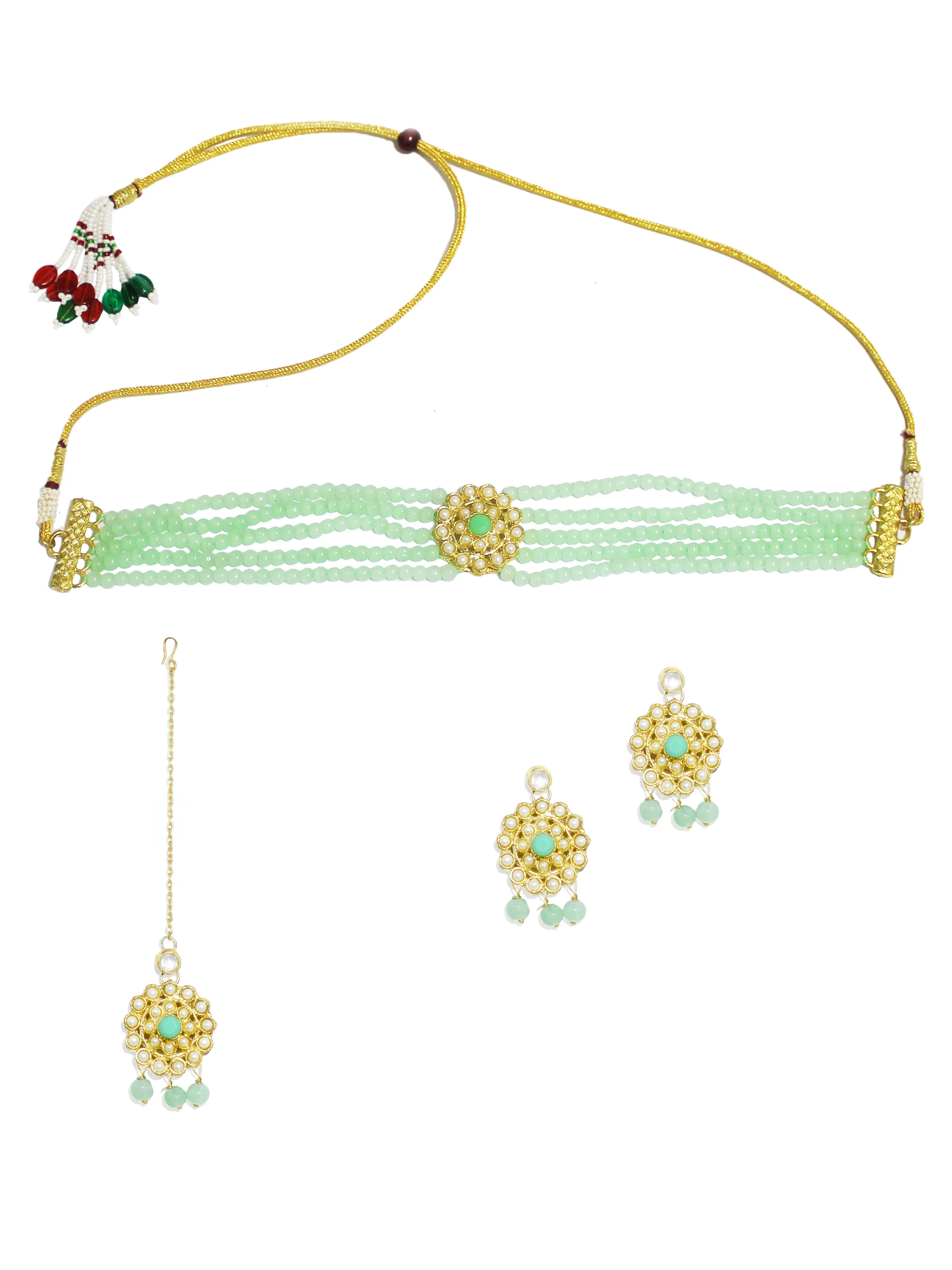 Gold-Plated Kundan and Mint Green Beaded Choker Necklace Set