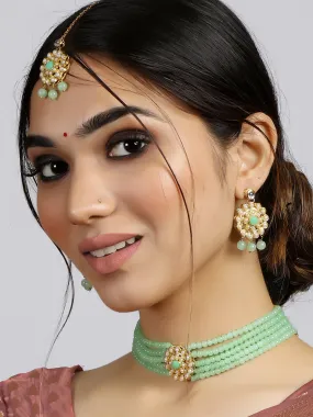 Gold-Plated Kundan and Mint Green Beaded Choker Necklace Set