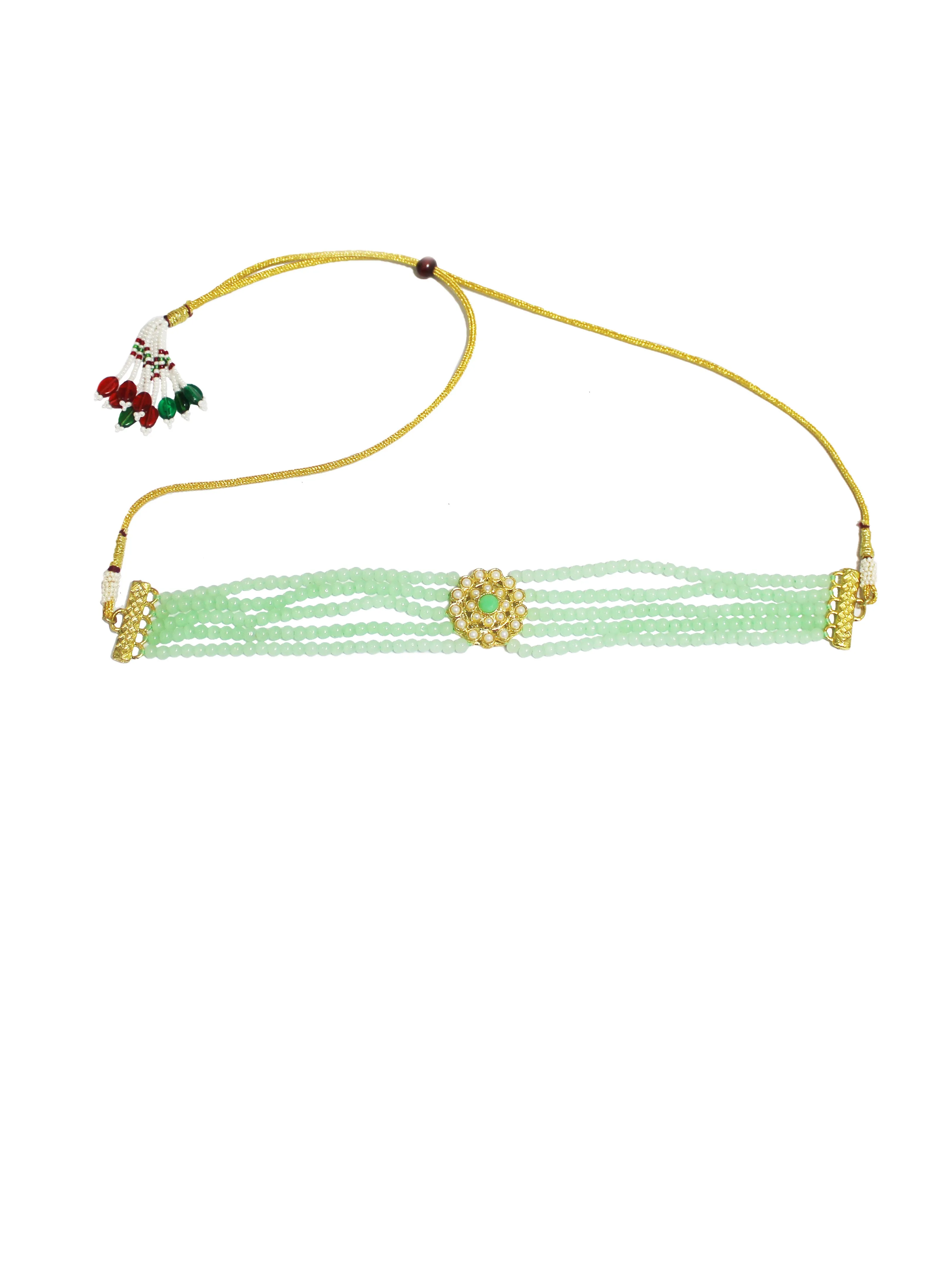 Gold-Plated Kundan and Mint Green Beaded Choker Necklace Set