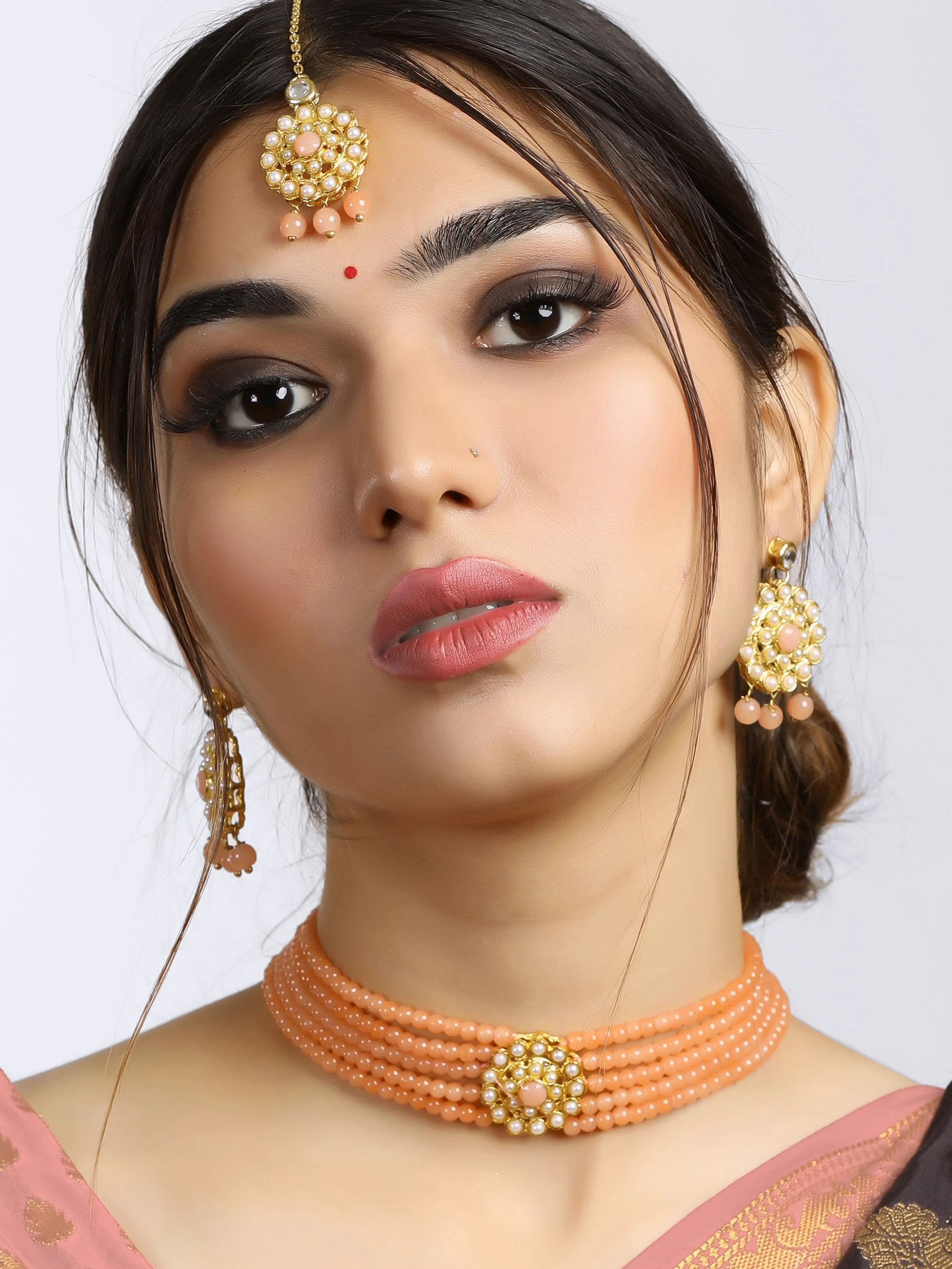 Gold-Plated Kundan and Peach Beaded Choker Necklace Set