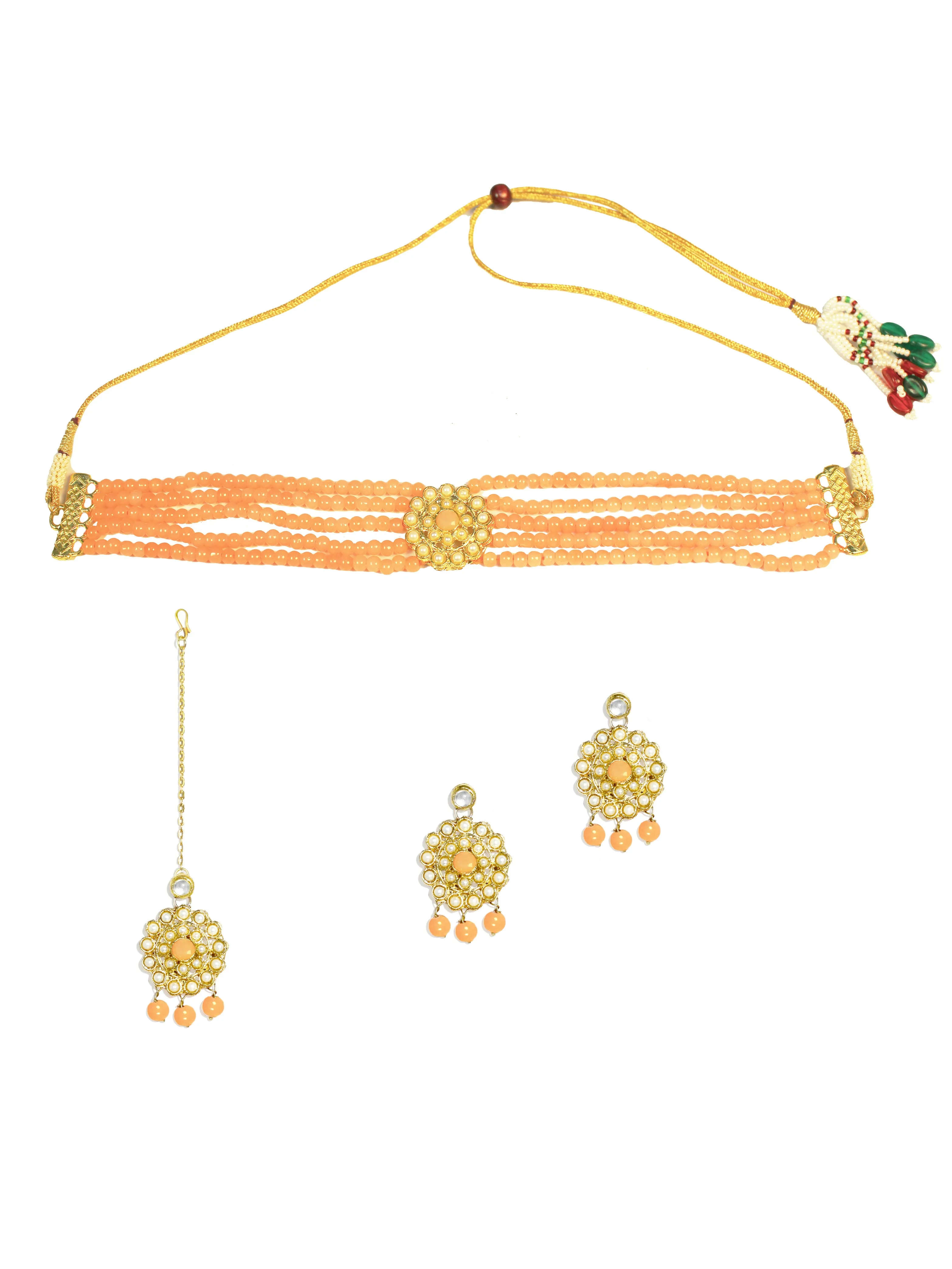 Gold-Plated Kundan and Peach Beaded Choker Necklace Set