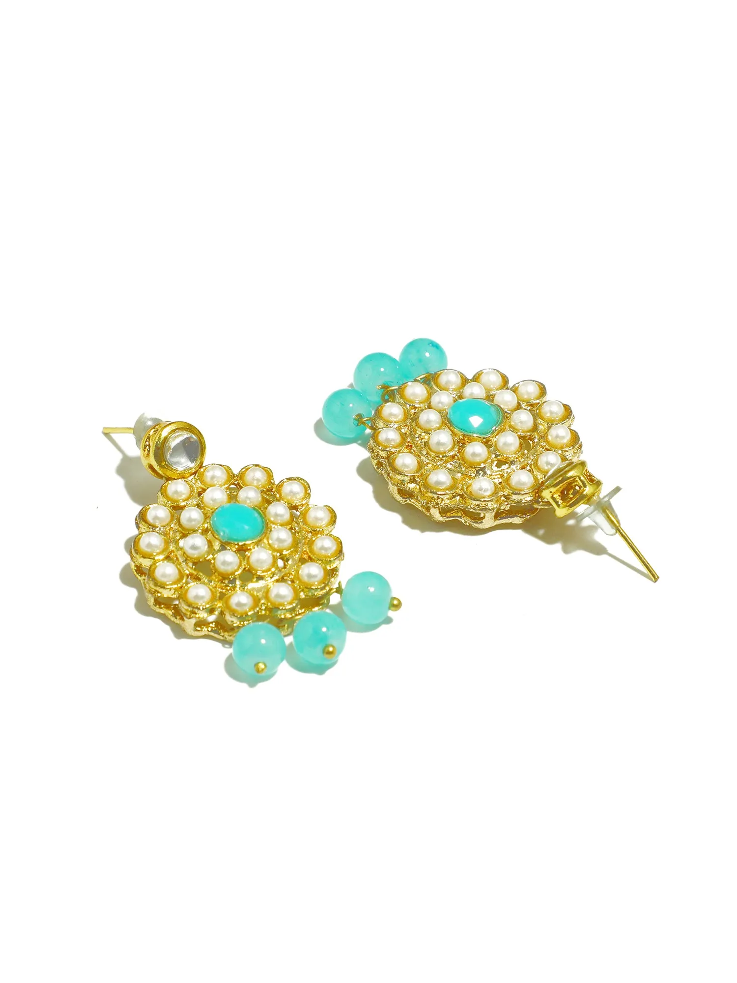 Gold Plated Mint Blue Beads Kundan Dangler Earrings with Maangtikka for Women