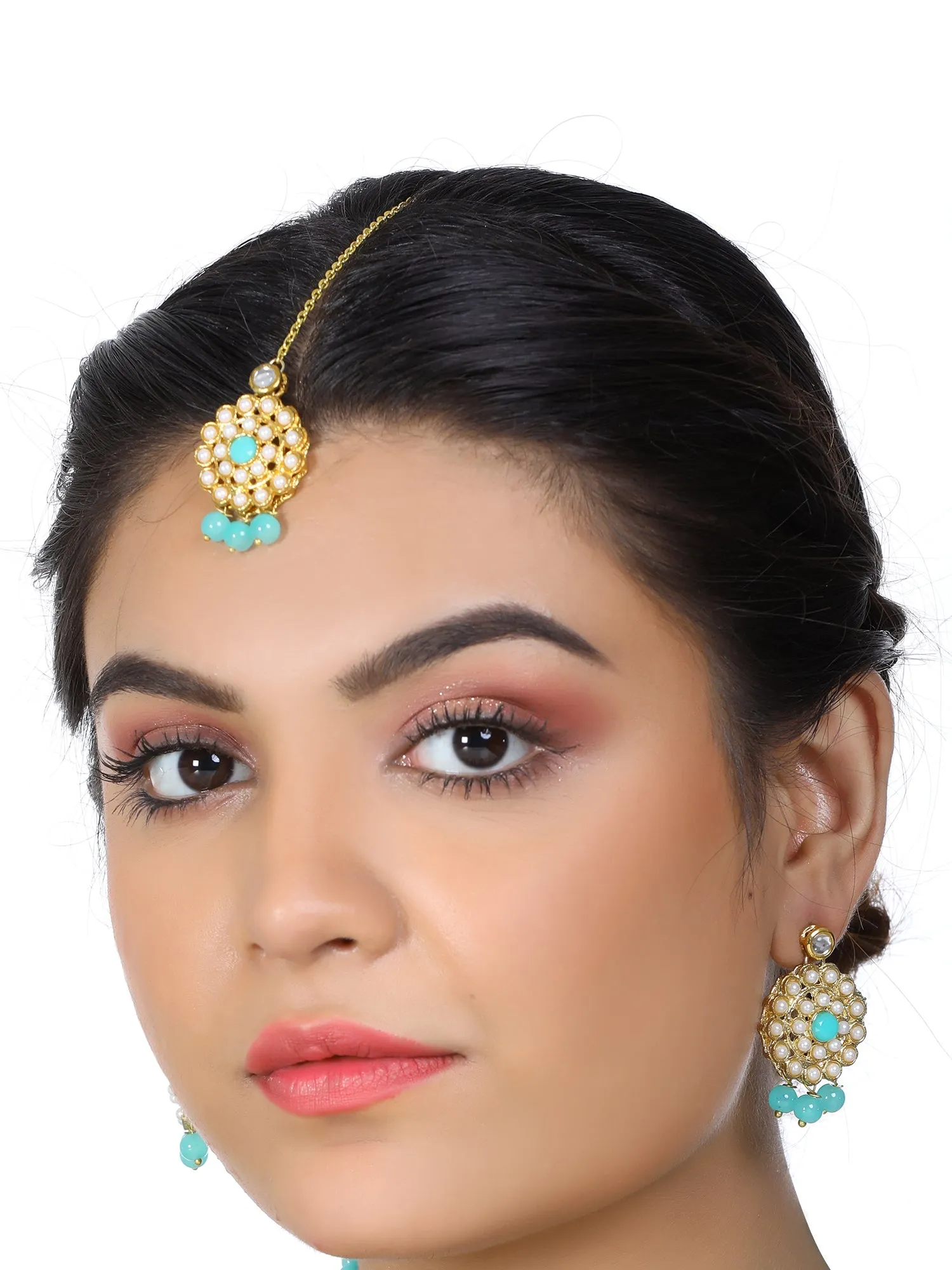 Gold Plated Mint Blue Beads Kundan Dangler Earrings with Maangtikka for Women